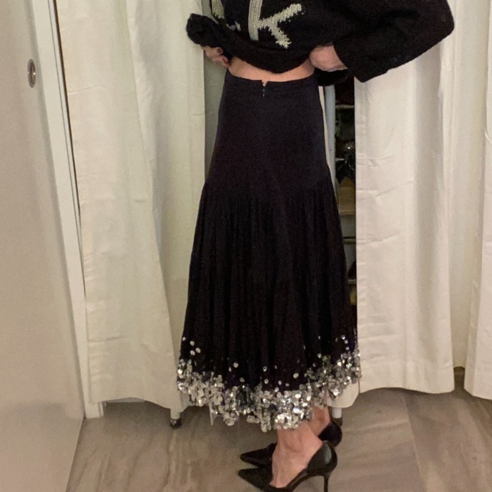 Zashi Black Cotton Skirt with sequin bottom hem